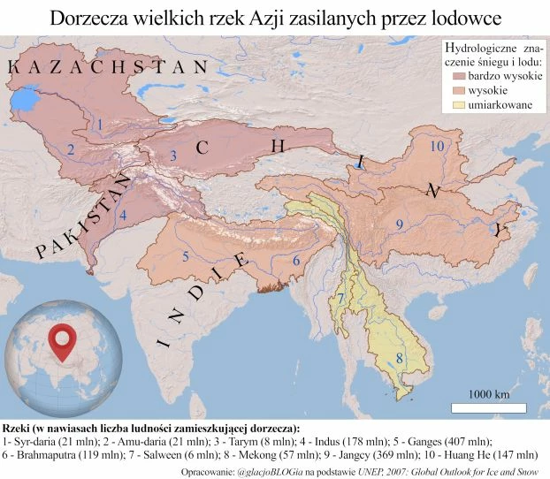 Rycina 1. Wielkie rzeki azjatyckie zasilane są ze śniegów i lodów najwyższych łańcuchów górskich świata. Na podstawie: UNEP (2007). Źródło: glacjoblogia.files.wordpress.com/2020/06/azja_rzeki
