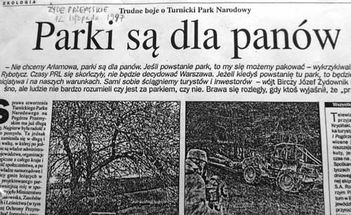 Wycinki prasowe z lokalnej i ogólnopolskiej prasy na temat sporu wokół Turnickiego PN