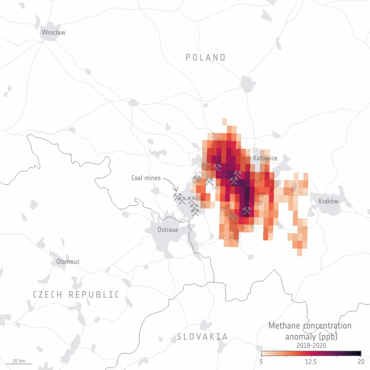 Emisje metanu z największych polskich kopalń. Wizualizacja danych satelitarnych uzyskanych w latach 2018-2020 przez Europejską Agencję Kosmiczną w ramach programu Copernicus Sentinel-5P