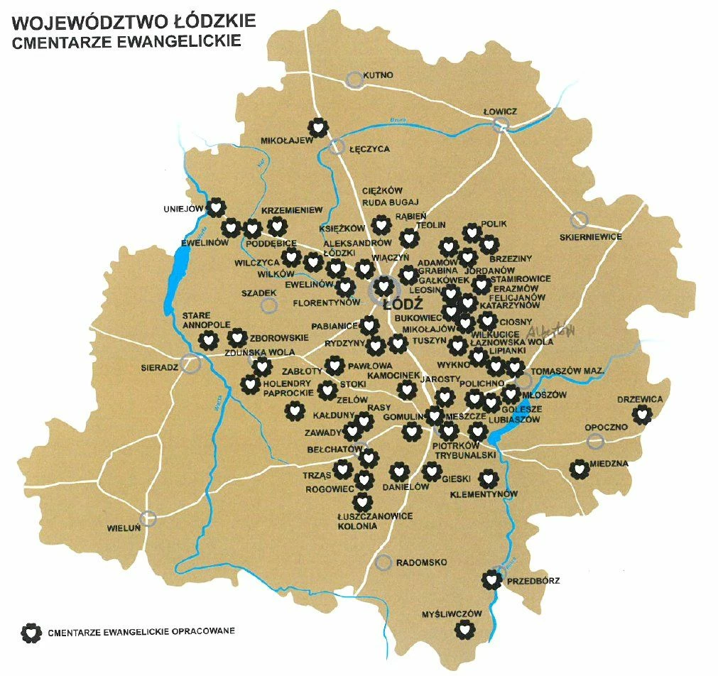 Mapa ewangelickich pogrzebnisk wokół Łodzi na stronie http://www.cmentarzeewangelickie-lodzkie.pl; zob. obrys przygotowany przez P. Wypycha, w: A. Białkowski, P. Wypych, Kamienie pamięci, kamienie niepamięci – zapomniane nekropolie, Łódź 2011, s. 160