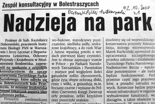 
Wycinki prasowe z lokalnej i ogólnopolskiej prasy na temat sporu wokół Turnickiego PN.
