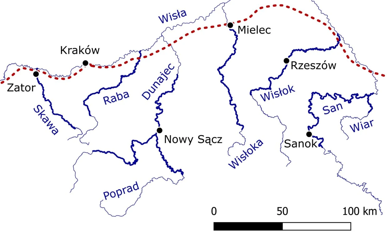 Schematyczna mapa przebiegu Kanału Galicyjskiego na obszarze współczesnej Polski. Przerywana linia – projektowany kanał, pogrubione linie – odcinki rzek uregulowane w związku z budową kanału