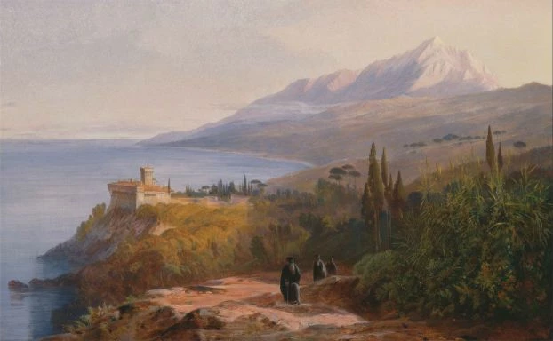 Edward Lear, Góra Athos i Monaster Stavronikétes. Fot. Google Art Project, domena publiczna