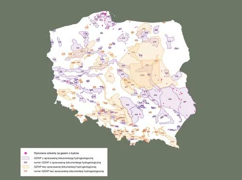 
Wykonane odwierty za gazem łupkowym. Opracowano na podstawie „Mapy Obszarów Głównych Zbiorników Wód Podziemnych (GZWP) w Polsce” Państwowego Instytutu Geologicznego, 2012
