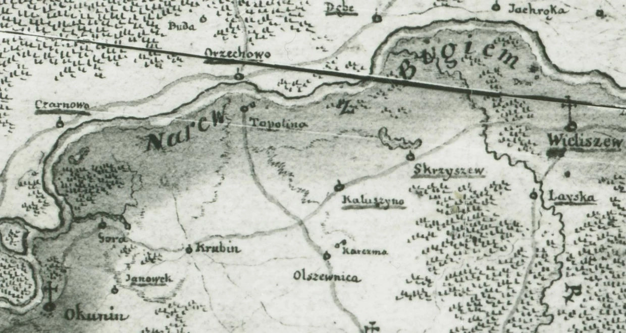 Ilustracja 2. Fragment mapy Karola Perthéesa z dzisiejszymi łąkami nad Bugo-Narwią. Miejsce przechowywania Instytut Historii Polskiej Akademii Nauk, Warszawa