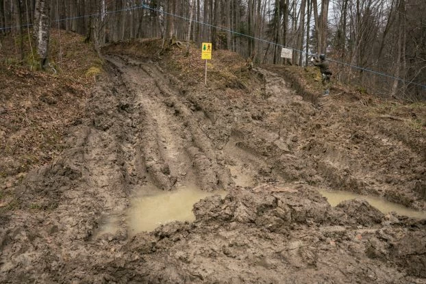 Wjazd do blokowanych wydzieleń leśnych. Droga zrywkowa to głębokie na metr/półtora koleiny wyrżnięte w glebie wielotonowym sprzętem. Takimi drogami spływa podczas deszczu morze błota, zamulając potoki i odprowadzając błyskawicznie wodę opadową, która powinna być magazynowana w lesie. Fot. Edyta Podobas
