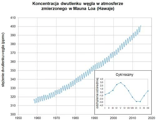Rysunek 2. Zmiany stężenia dwutlenku węgla w atmosferze, mierzone na stacji Mauna Loa na Hawajach (esrl.noaa.gov/gmd/ccgg/trends).