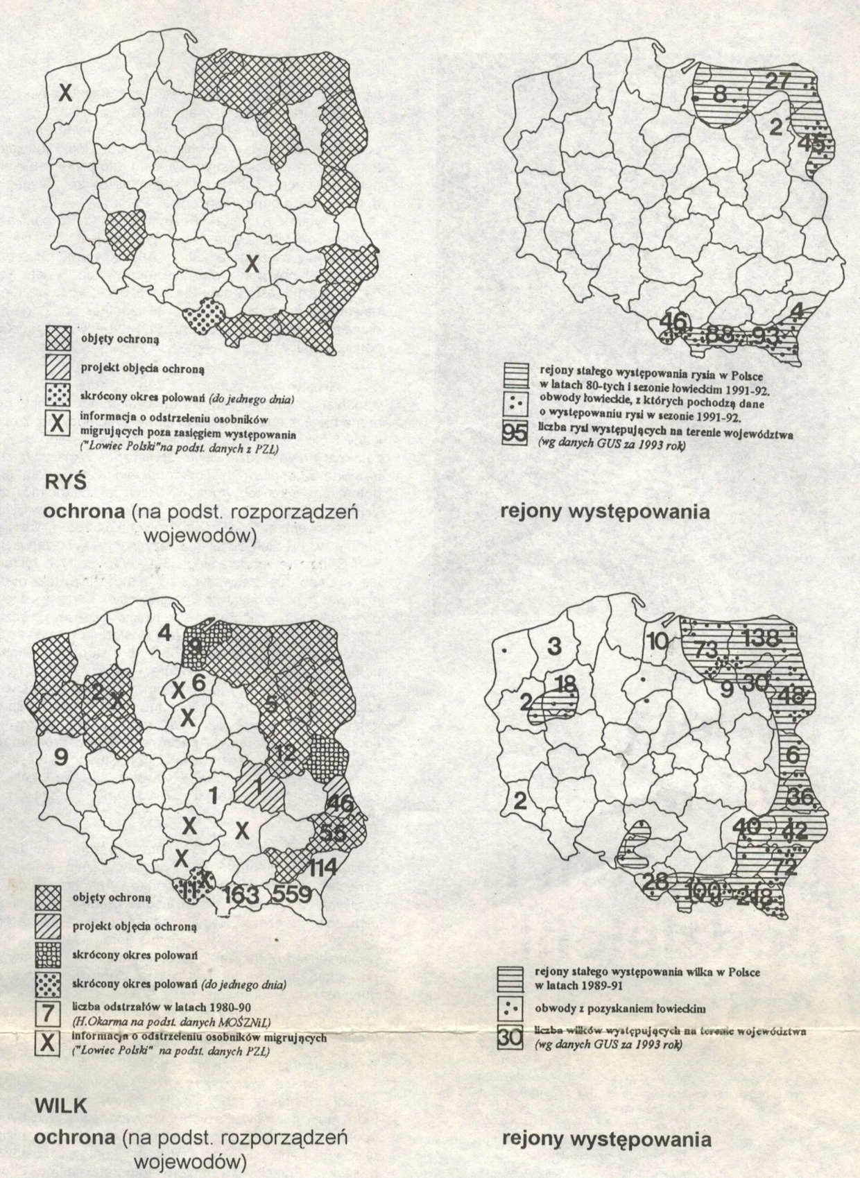 Mapy ochrony i rejonów występowania wilków i rysi. Źródło: „Dzikie Życie”, nr 1/1995, s. 5