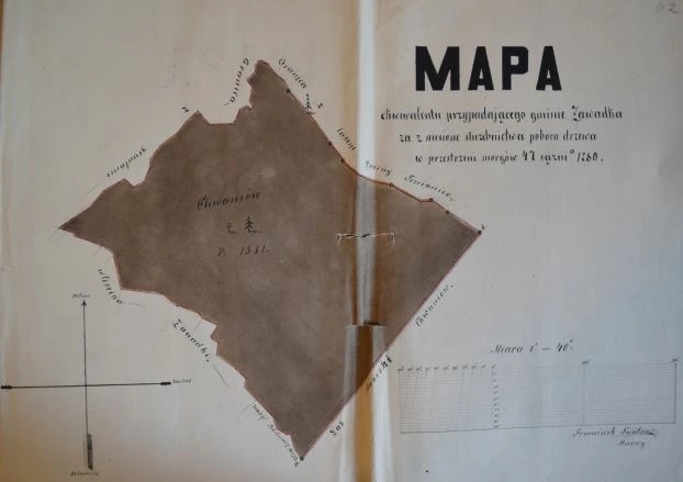 Ilustracja 2: Mapa ekwiwalentu leśnego jako odszkodowanie dla wsi Zawadka (powiat sanocki) za zniesione służebności leśne. Źródło: Centralne Państwowe Archiwum Historyczne Ukrainy we Lwowie, fond 146, opis 64, sprawa 9436.