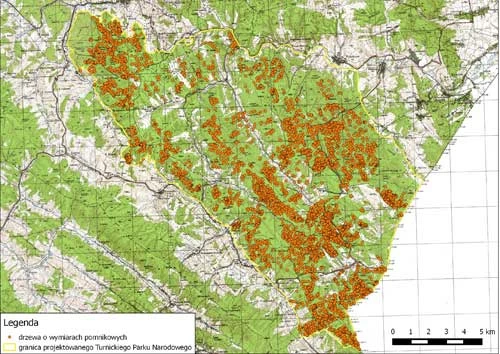 
Ryc. 2. Lokalizacja zinwentaryzowanych przez Fundacje Dziedzictwo Przyrodnicze drzew o wymiarach pomnikowych na terenie projektowanego Turnickiego Parku Narodowego
