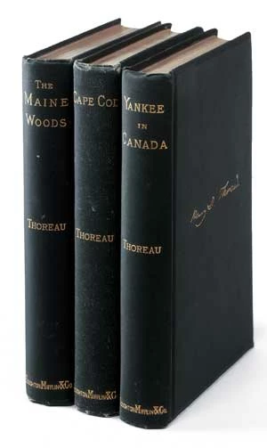 
Trzy książki autorstwa Thoreau, które ukazały się drukiem już po śmierci pisarza, z kolekcji Concord Muzeum. Fot. David Bohl
