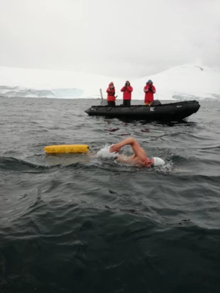Zawody na 1 kilometr w wodzie o temp. minus 1,2 stopnia. Miejsce: Port Lockroy. Fot. Archiwum Leszka Naziemca