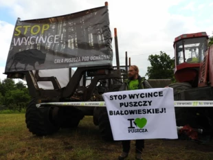 
Blokada harwesterów w okolicy wsi Postołowo. Na zdjęciu Radosław Ślusarczyk z Pracowni, 13 czerwca. Fot. Archiwum
