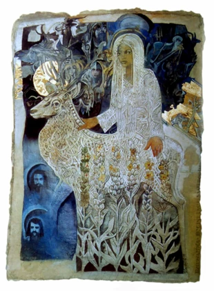 Dziewanna z jeleniem jadąca z duszami w zaświaty. Obraz inspirowany mitem Słowian łużyckich. Autor obrazu Jerzy Przybył, technika gwaszu