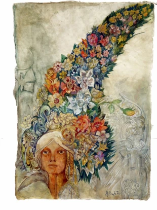 Kwiat dziewanny. Autor obrazu Jerzy Przybył, technika gwaszu