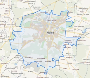 
Mapa gminy Kielce z terenami zielonymi oraz zabudową. Źródło: Geoportal360.pl

