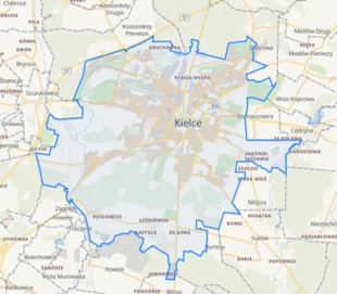 Mapa gminy Kielce z terenami zielonymi oraz zabudową. Źródło: Geoportal360.pl