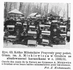 Koło Miłośników Przyrody przy Państwowym Gimnazjum im. A. Mickiewicza w Grodnie ze zbudowanymi karmnikami w roku 1930/31, źródło: Kochanowski J.,1931, Ochrona ptaków w Grodnie, „Ochrona Przyrody”, R. 11, 1931, ss. 216-217