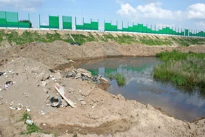 
Zasypywanie zbiorników wodnych z płazami masami ziemnymi pochodzącymi z placu budowy. Fot. Radosław Ślusarczyk
