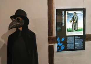 Maska używana przez lekarzy w czasie pandemii dżumy w XVII wieku. Strój składał się z maski wzorowanej na dziobie ptaka, wypełnionej ziołami, kapelusza oraz szat. Fot. Dagmara Stanosz