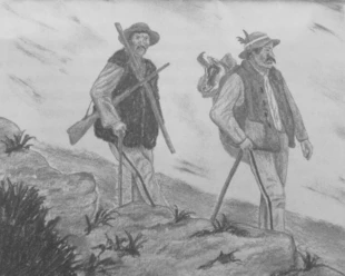 
Kłusownicy w Tatrach z przełomu XIX i XX wieku, rys. Eliza Szafert wg archiwalnej fotografii S. Barabasza

