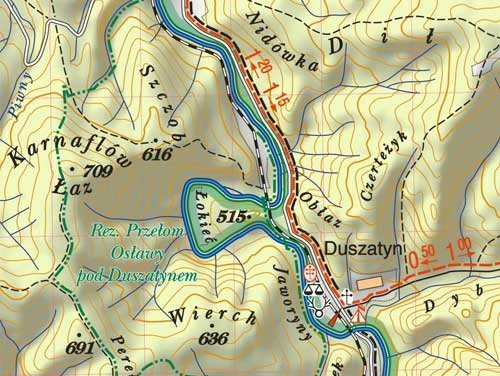 Fragment mapy turystycznej „Bieszczady” (Wydawnictwo „Ruthenus”, Krosno 2015 r., 1 : 50 000) – okolice Duszatyna z widocznymi nazwami Karnaflów Łaz i Łokieć