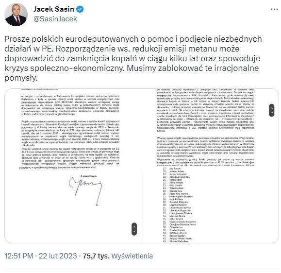 Apel Jacka Sasina w sprawie rozporządzenia metanowego. Minister Aktywów Państwowych zwrócił się do wszystkich 52 polskich europarlamentarzystów_ek, niezależnie od przynależności partyjnej. Obrona paliw kopalnych tworzy sojusze ponad podziałami. Źródło: https://twitter.com/SasinJacek/status/1628361892514111489