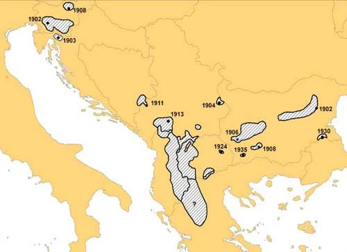 
Rysunek 1. Rozprzestrzenianie rysia na Bałkanach w pierwszej połowie XX wieku
