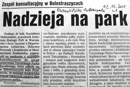 Wycinki prasowe z lokalnej i ogólnopolskiej prasy na temat sporu wokół Turnickiego PN.