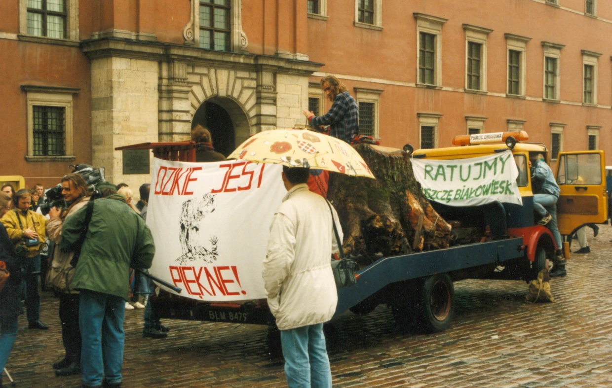 Pień 300-letniego drzewa przywziony z Puszczy Białowieskiej na protest do Warszawy.