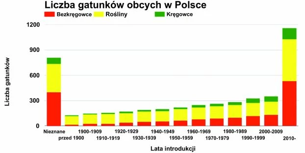 Szacowana liczba gatunków obcych w Polsce od początku XX wieku. Kolorem zielonym oznaczono kręgowce, żółtym rośliny i mikroorganizmy przeprowadzające fotosyntezę, czerwonym bezkręgowce. Zauważalny jest bardzo duży wzrost introdukcji pod koniec XX i na początku XXI wieku. Prawie 50% organizmów obserwowanych po 2010 r. to bezkręgowce (za NOBANIS.org, dostęp 27.06.2018)
