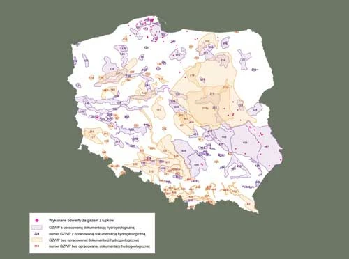 Wykonane odwierty za gazem łupkowym. Opracowano na podstawie „Mapy Obszarów Głównych Zbiorników Wód Podziemnych (GZWP) w Polsce” Państwowego Instytutu Geologicznego, 2012