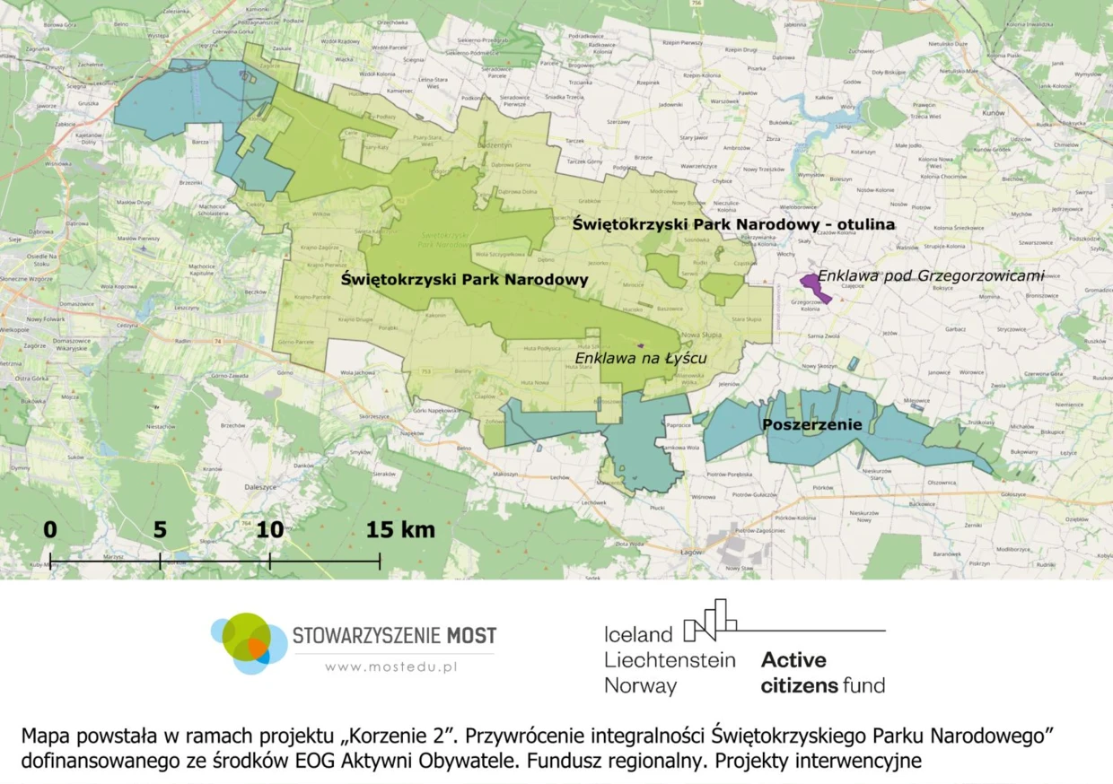 Postulowane zmiany granic Świętokrzyskiego Parku Narodowego. Mapa Stowarzyszenie MOST