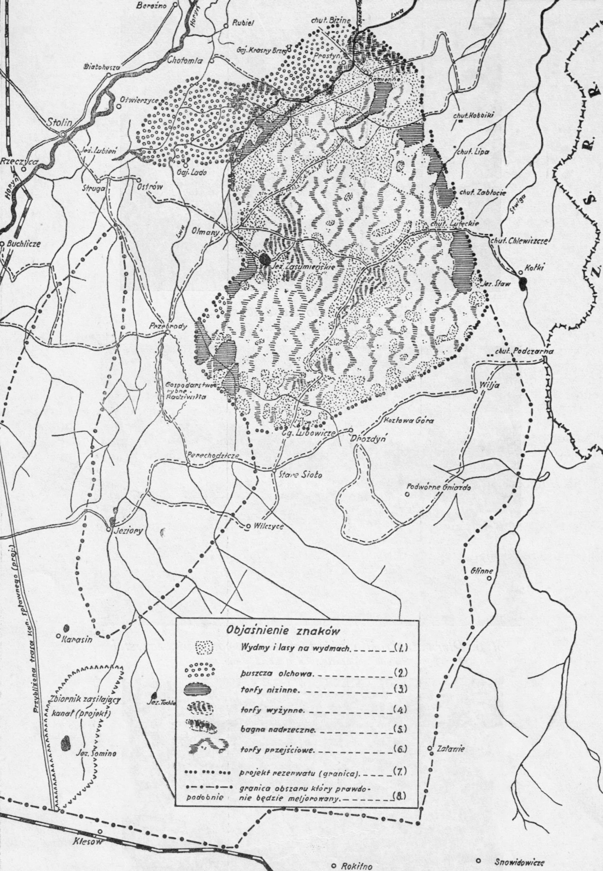 Plan projektowanego Poleskiego Parku Natury Stanisława Kulczyńskiego z 1932 roku. Źródło mapy: W. Szafer, Ochrona przyrody na Polesiu, w: Postępy prac przy Melioracji Polesia, Brześć nad Bugiem 1933.