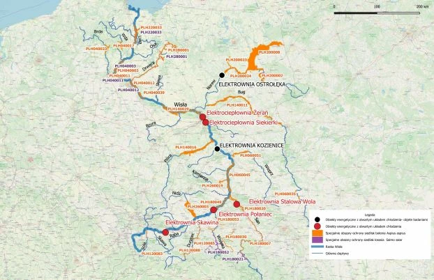 Lokalizacja elektrowni węglowych z otwartym systemem chłodzenia vs. obszary Natura 2000. Źródło: Archiwum Towarzystwa na rzecz Ziemi