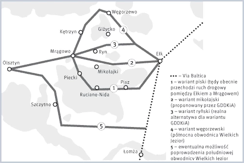 
Możliwe warianty drogi krajowej nr 16 na tle obszarów Natura 2000.
