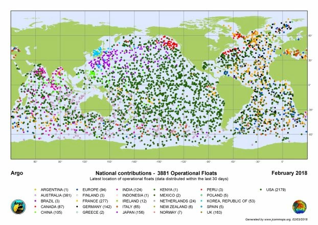 
Rozmieszczenie automatycznych boi pomiarowych Argo w Oceanie w 2018 r., wygląda imponująco, ale kropka w tej skali to prawie 100 tys. km2. Źródło: en.wikipedia.org/wiki/Argo_(oceanography)
