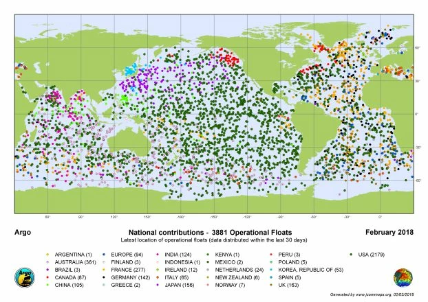 
Rozmieszczenie automatycznych boi pomiarowych Argo w Oceanie w 2018 r., wygląda imponująco, ale kropka w tej skali to prawie 100 tys. km2. Źródło: en.wikipedia.org/wiki/Argo_(oceanography)
