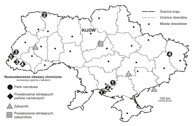 
Mapa – lokalizacja nowoutworzonych obszarów chronionych na mapie Ukrainy. Opracowanie: Krzysztof Wojciechowski
