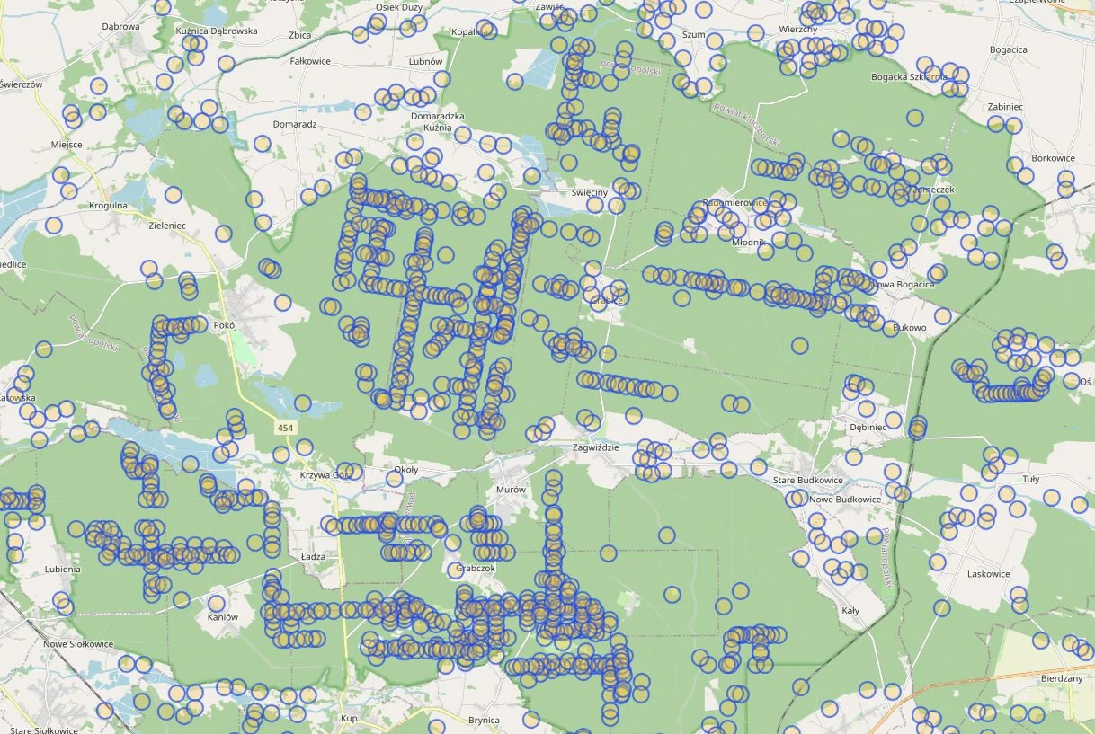 Fragment Borów Stobrawskich z udokumentowanymi systemami do polowań szwedzkich. Źródło: Openstreetmap