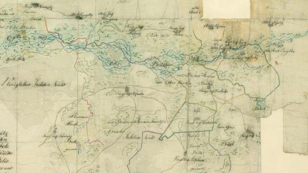 Fragment mapy pruskiej z 1801 r. pokazujący plany melioracji łąk i lasów łęgowych położonych na lewym brzegu Orzyca na wysokości wsi Małowidz, Połoń, Zadziory i Olszewka. Archiwum Główne Akt Dawnych w Warszawie, zbiór kartograficzny, sygn. 330-21.