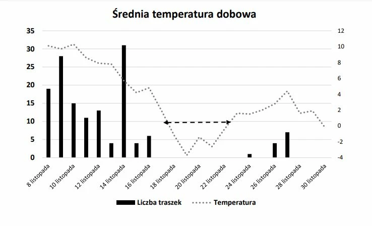 Wykres. Aktywność traszek zwyczajnych Lissotriton vulgaris, określona jako liczba odłowionych zwierząt z powierzchni badawczej (czarne słupki, oś po lewej stronie) w zestawieniu ze średnią temperaturą dobową (przerywana linia, oś po prawej stronie. Strzałką z dwoma grotami oznaczono czas gdy traszki zaprzestały aktywność, tj. gdy temperatura punktu rosy spadła poniżej 0 °C. Dane meteo dla stacji Poznań-Ławica na podstawie https://www.wunderground.com.
