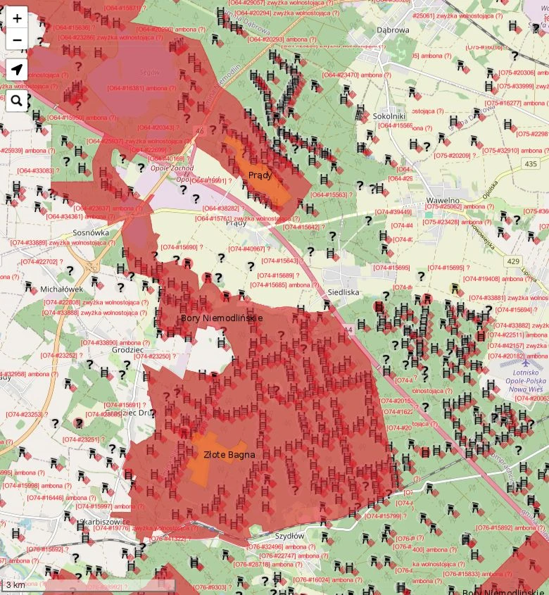 Obszary siedliskowe Natura 2000 i rezerwaty Prądy i Złote Błota (pomarańczowe) pod Opolem w szczelnej obudowie ambon i zwyżek. Fragment mapy ze strony forests.watch