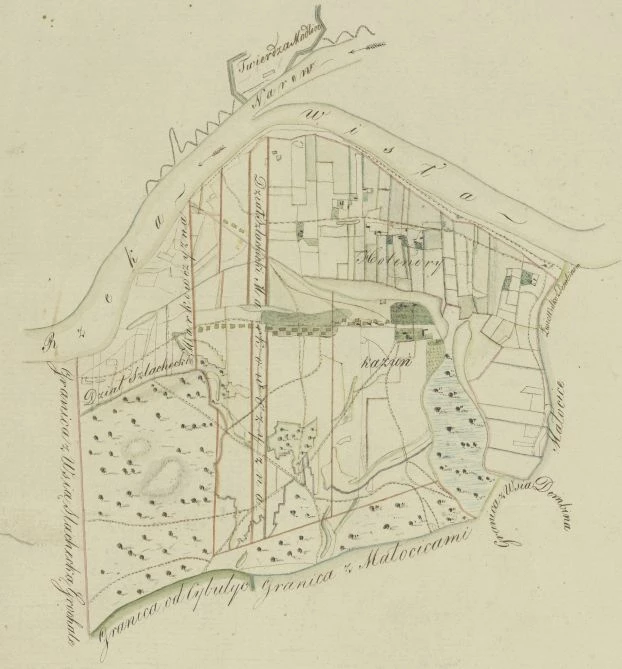 Fragment mapy zbiorowej dóbr Ekonomii Łomna z 1821 r. ze zbliżeniem na wieś Kazuń. Mapa ta pokazuje skalę antropopresji na przełomie XVIII i XIX w. – obecne są już fortyfikacje twierdzy Modlin, ale również zagospodarowanie nadwiślańskich łąk przez przyjezdnych menonitów (Holendry). Archiwum Główne Akt Dawnych w Warszawie, zbiór kartograficzny, sygn. 262-11.