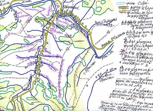 Schematyczna mapa wsi Dwernik w Bieszczadach opisana przez dawnego mieszkańca Dmytra Dżułę (tłumacz), listopad 2011 r. Archiwum Wojciecha Krukara