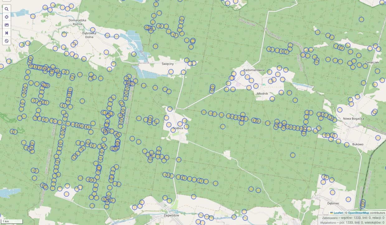 Fragment Borów Stobrawskich z udokumentowanymi systemami do polowań szwedzkich. Źródło: Openstreetmap