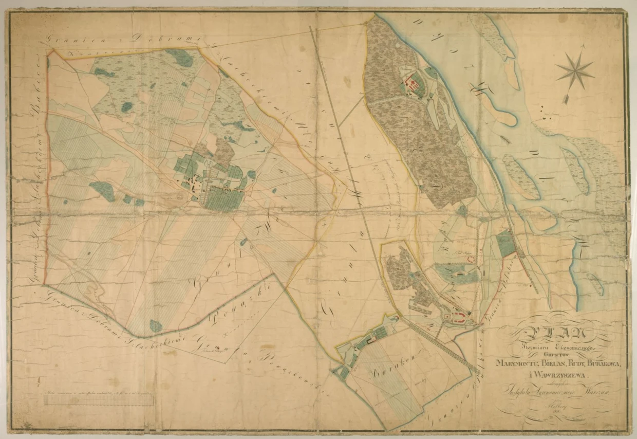 „Plan rozmiaru ekonomicznego gruntów Marymontu, Bielan, Rudy, Burakowa i Wawrzyszewa należących do Instytutu Agronomicznego w Warszawie”. Autor: Julian Kolberg (1818 r.). Ze zbiorów Archiwum Głównego Akt Dawnych w Warszawie