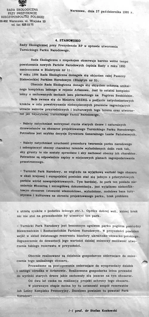 Stanowisko Rady Ekologicznej przy Prezydencie RP podpisane przez prof. Stefana Kozłowskiego, 1995 r.