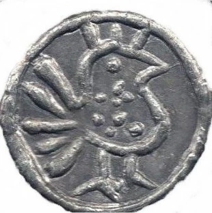 
Środkowa część denara Chrobrego z początku tysiąclecia. Źródło: Denar Princes Polonie wikipedia.org/wiki/Denar_Princes_Polonie
