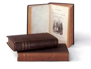 
Trzy książki autorstwa Thoreau, w tym dwa egzemplarze „Walden, czyli życie w lesie”, z kolekcji Concord Muzeum. Fot. David Bohl

